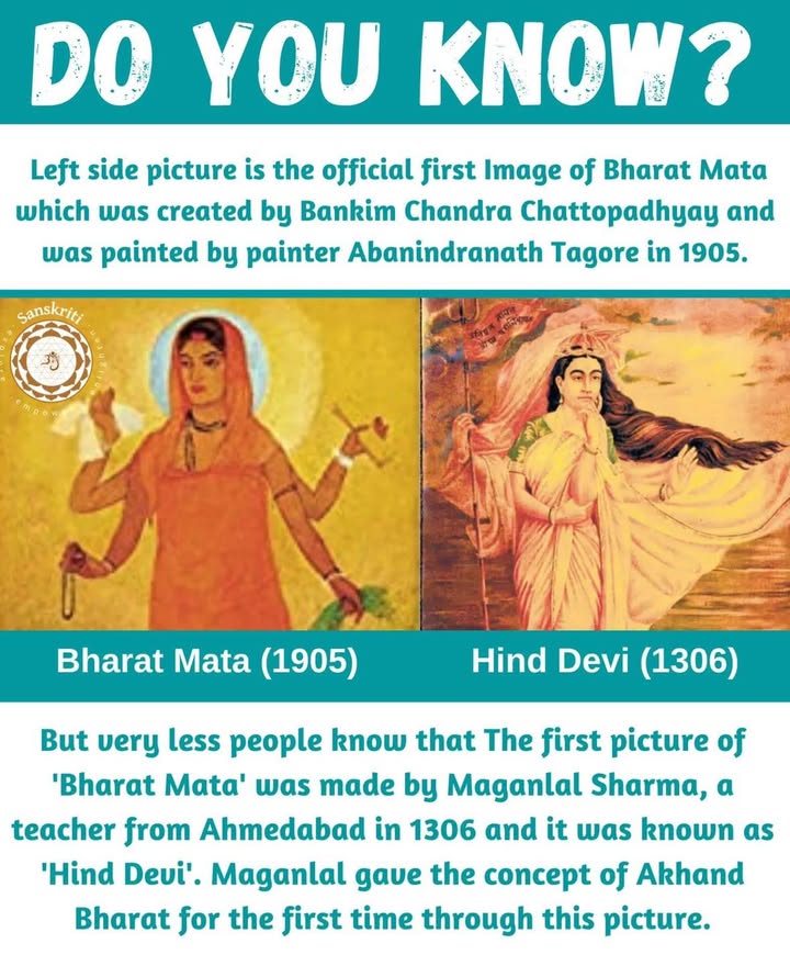 Do you know?
 Left side picture is the official first Image of Bharat Mata which was created by Bankim Chandra Chattopadhyay and was painted by painter Abanindranath Tagore in 1905.